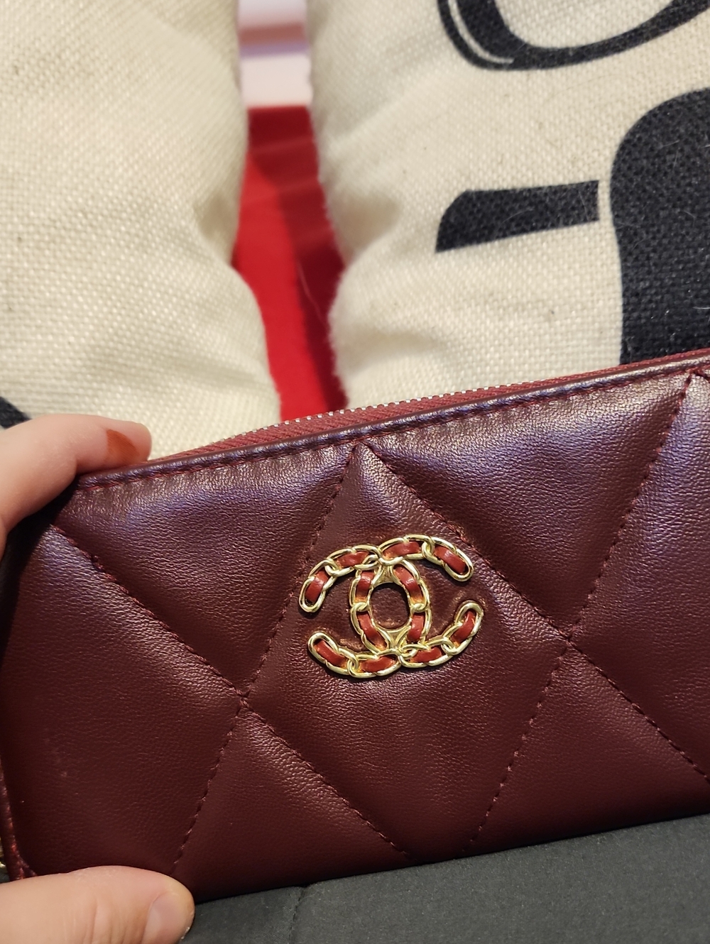 CHANEL Quilted Zip-Around Leather Wallet in Burgundy with Gold Logo - Picture 2 of 7